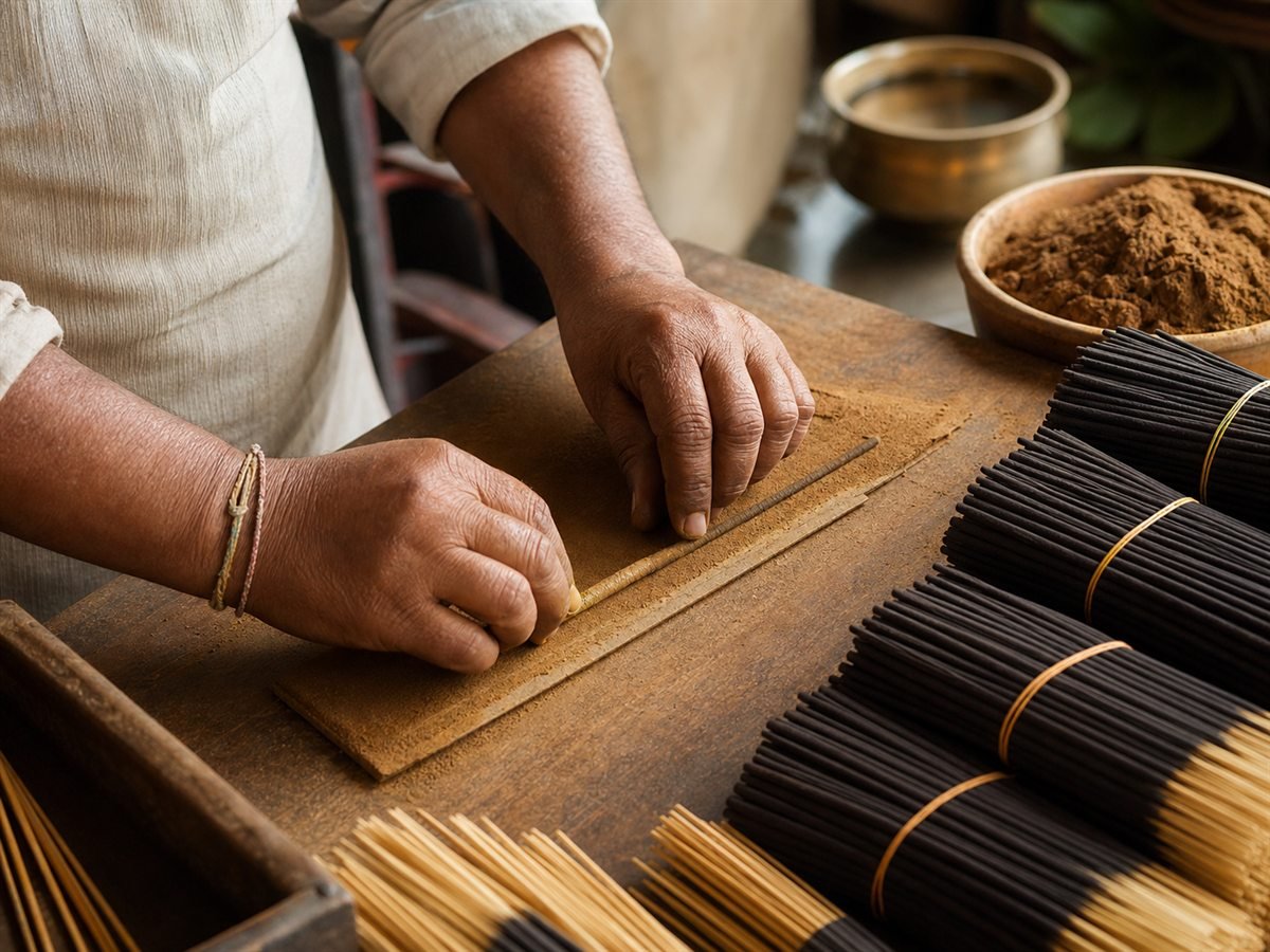 Hands rolling incense sticks